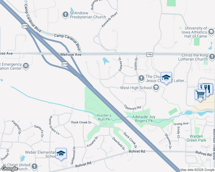 map of restaurants, bars, coffee shops, grocery stores, and more near 3704 Donegal Court in Iowa City