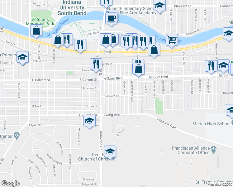 map of restaurants, bars, coffee shops, grocery stores, and more near 809 South Middleboro Avenue in Mishawaka