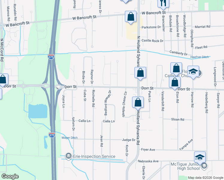 map of restaurants, bars, coffee shops, grocery stores, and more near 1230 Bedford Woods Drive in Toledo
