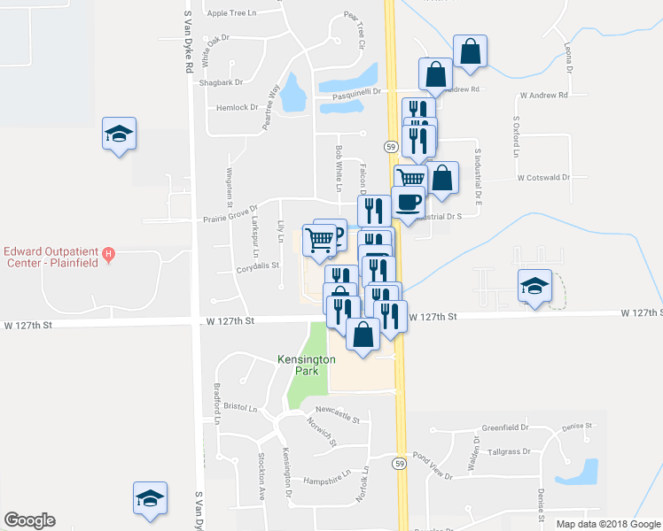 map of restaurants, bars, coffee shops, grocery stores, and more near 12690 South Route 59 in Plainfield