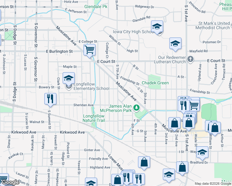 map of restaurants, bars, coffee shops, grocery stores, and more near 709 South 7th Avenue in Iowa City