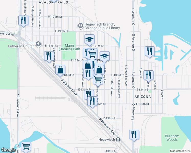map of restaurants, bars, coffee shops, grocery stores, and more near 13302 South Brandon Avenue in Chicago