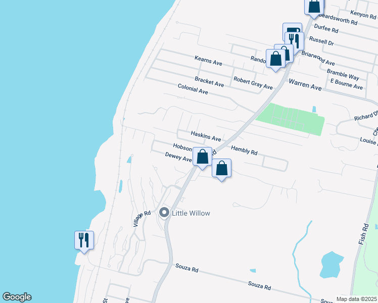 map of restaurants, bars, coffee shops, grocery stores, and more near 37 Hobson Avenue in Tiverton
