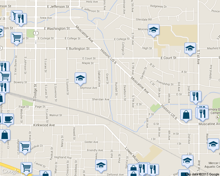 map of restaurants, bars, coffee shops, grocery stores, and more near 712 Grant Street in Iowa City