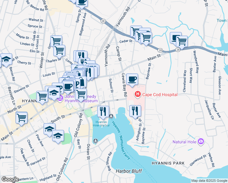 map of restaurants, bars, coffee shops, grocery stores, and more near 60 School Street in Barnstable