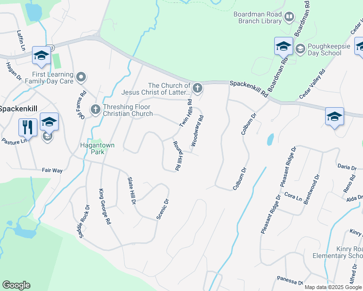 map of restaurants, bars, coffee shops, grocery stores, and more near 7 Round Hill Road in Poughkeepsie