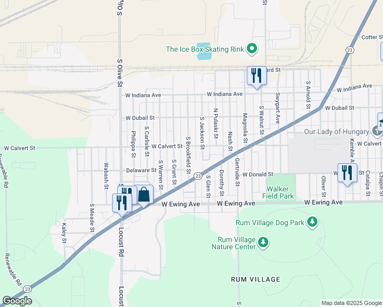 map of restaurants, bars, coffee shops, grocery stores, and more near 1914 South Brookfield Street in South Bend