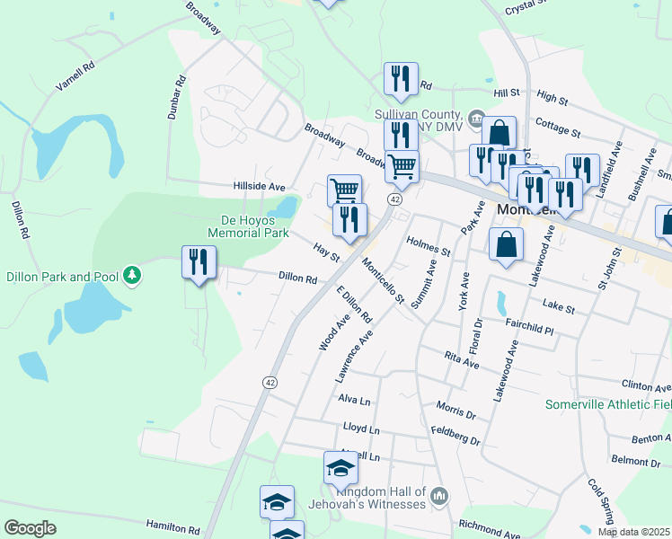 map of restaurants, bars, coffee shops, grocery stores, and more near 62 Forestburgh Road in Monticello