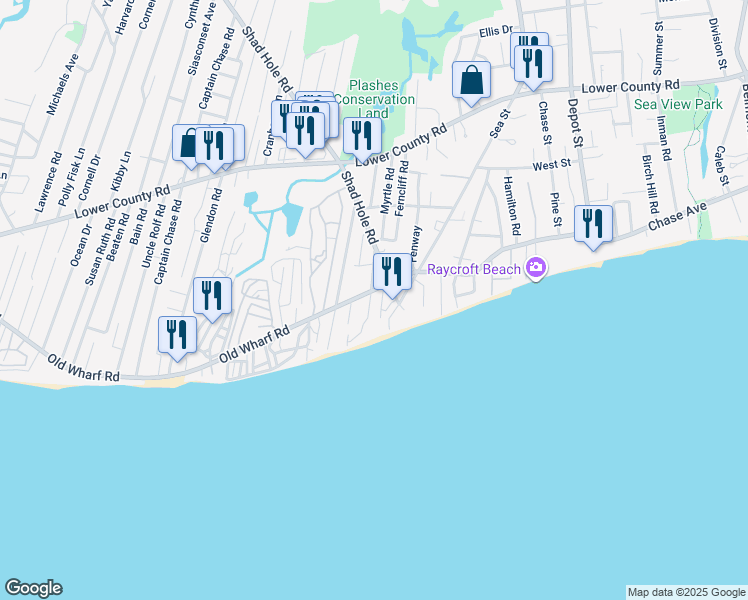 map of restaurants, bars, coffee shops, grocery stores, and more near 291 Old Wharf Road in Dennis