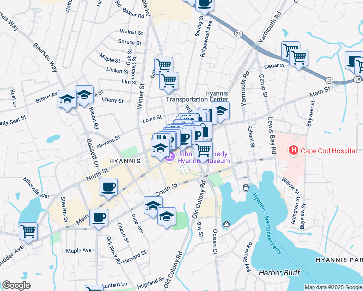 map of restaurants, bars, coffee shops, grocery stores, and more near 344 Main Street in Barnstable