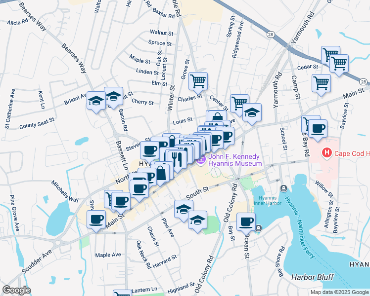 map of restaurants, bars, coffee shops, grocery stores, and more near 72 North Street in Barnstable