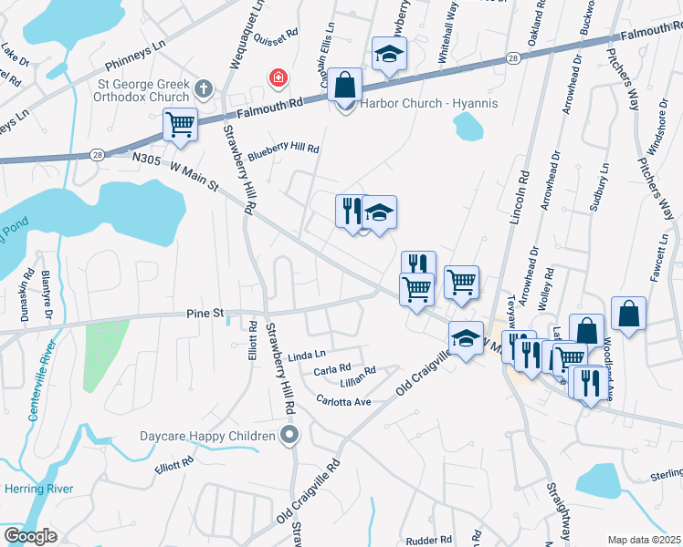 map of restaurants, bars, coffee shops, grocery stores, and more near 725 West Main Street in Barnstable