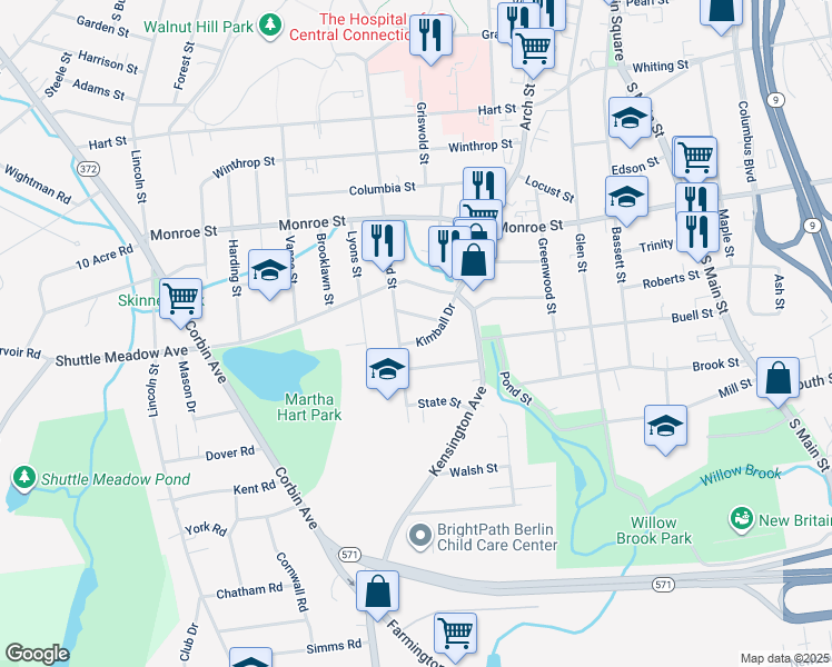 map of restaurants, bars, coffee shops, grocery stores, and more near 69 Kimball Drive in New Britain
