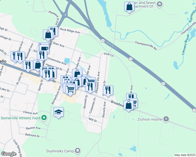 map of restaurants, bars, coffee shops, grocery stores, and more near 24 Pleasantview Avenue in Monticello