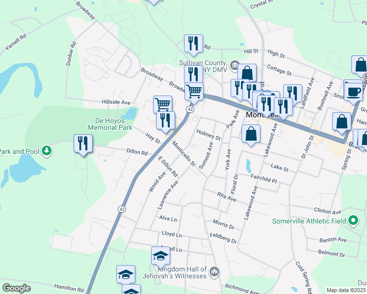 map of restaurants, bars, coffee shops, grocery stores, and more near 43 Monticello Street in Monticello