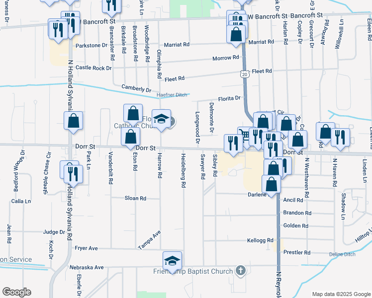 map of restaurants, bars, coffee shops, grocery stores, and more near in Toledo