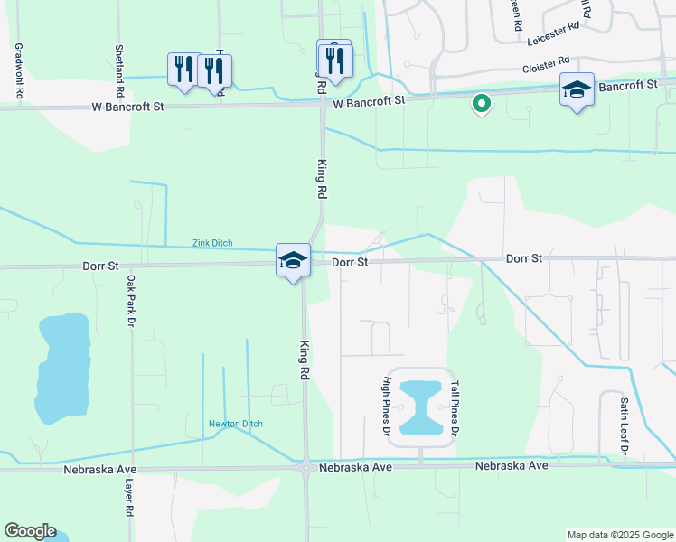 map of restaurants, bars, coffee shops, grocery stores, and more near 7519 Dorr Street in Toledo