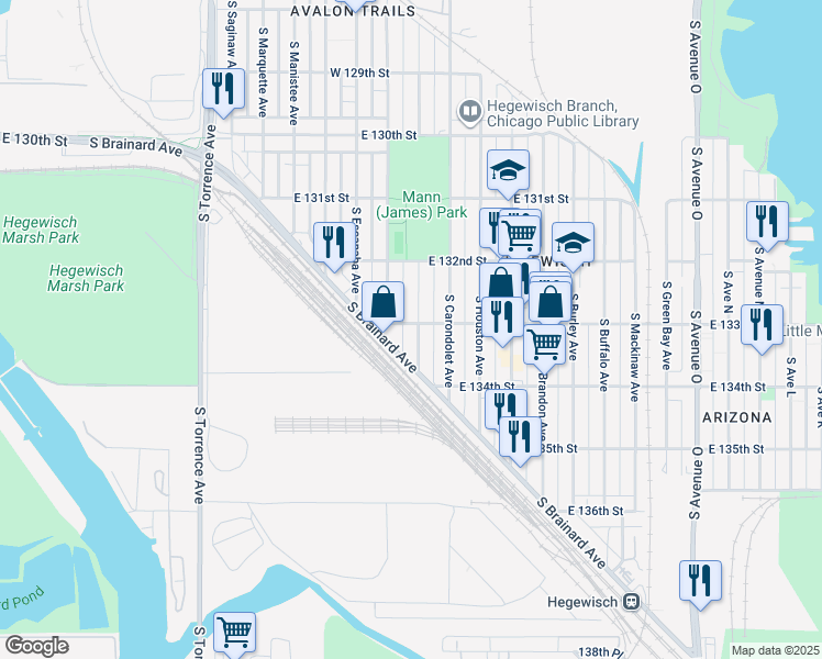 map of restaurants, bars, coffee shops, grocery stores, and more near 13301 South Commercial Avenue in Chicago