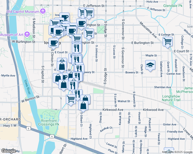 map of restaurants, bars, coffee shops, grocery stores, and more near 612 South Johnson Street in Iowa City
