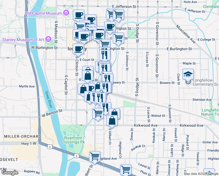 map of restaurants, bars, coffee shops, grocery stores, and more near 624 South Gilbert Street in Iowa City