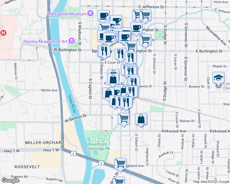 map of restaurants, bars, coffee shops, grocery stores, and more near 628 South Dubuque Street in Iowa City