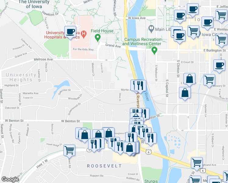 map of restaurants, bars, coffee shops, grocery stores, and more near 309 Myrtle Avenue in Iowa City