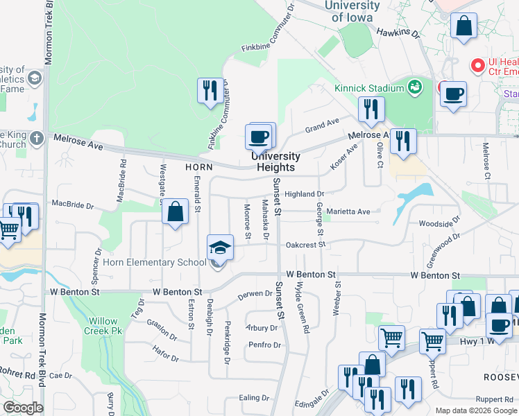 map of restaurants, bars, coffee shops, grocery stores, and more near 206 Mahaska Drive in Iowa City