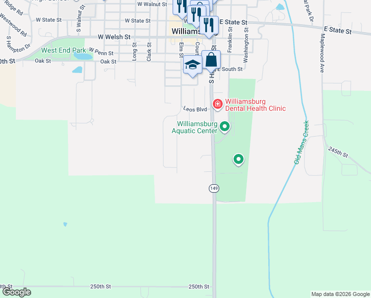 map of restaurants, bars, coffee shops, grocery stores, and more near 107-147 Circle Drive in Williamsburg