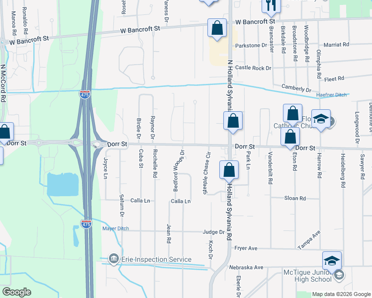map of restaurants, bars, coffee shops, grocery stores, and more near 1230 Bedford Woods Drive in Toledo