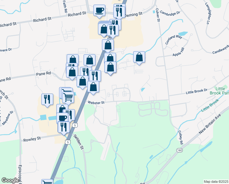 map of restaurants, bars, coffee shops, grocery stores, and more near 58 Webster Court in Newington