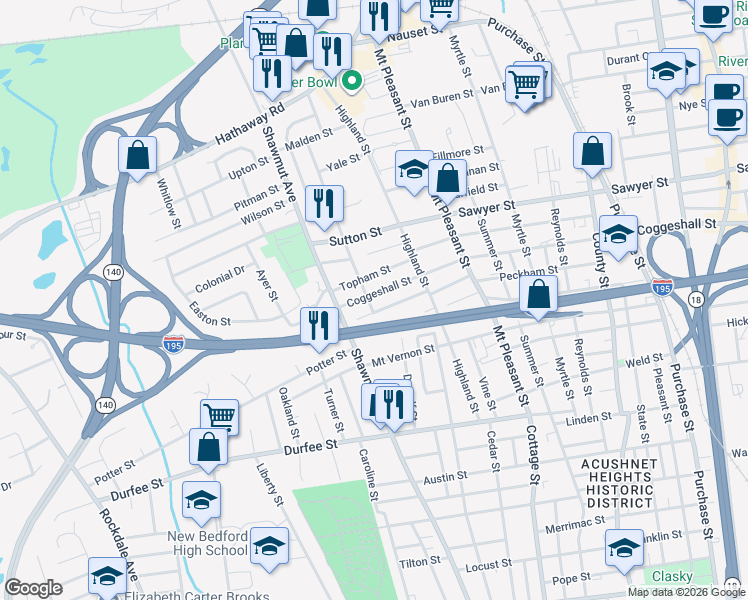 map of restaurants, bars, coffee shops, grocery stores, and more near 38 Harvard St in New Bedford