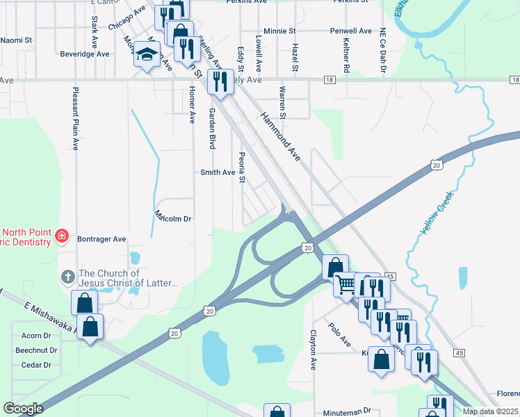 map of restaurants, bars, coffee shops, grocery stores, and more near 3155 Lawton Avenue in Elkhart