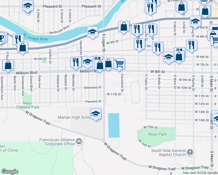 map of restaurants, bars, coffee shops, grocery stores, and more near 920 South Logan Street in Mishawaka