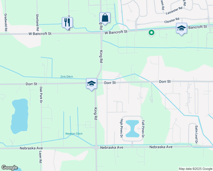 map of restaurants, bars, coffee shops, grocery stores, and more near 7519 Dorr Street in Toledo
