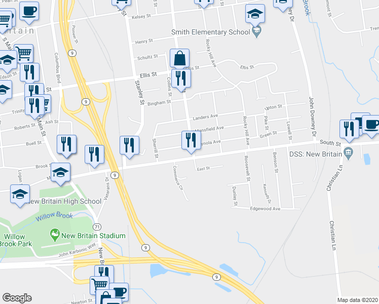 map of restaurants, bars, coffee shops, grocery stores, and more near 8 East Street in New Britain