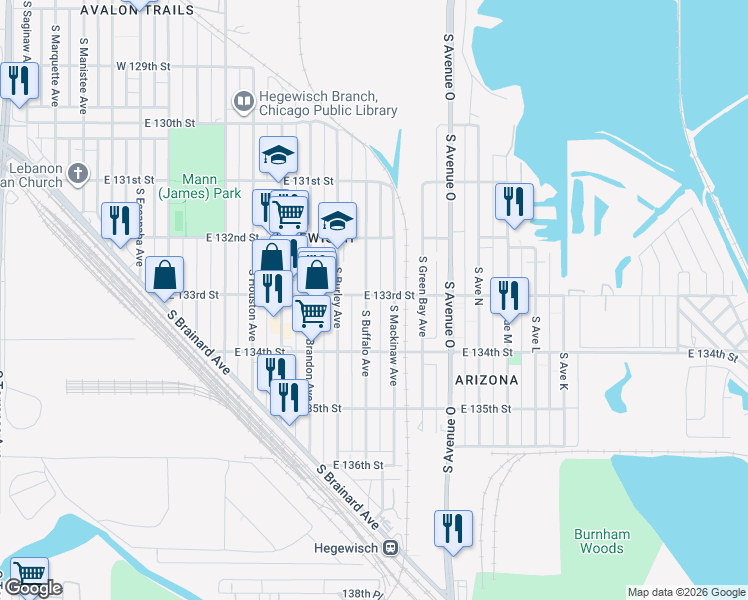 map of restaurants, bars, coffee shops, grocery stores, and more near 13301 S Buffalo Ave in Chicago