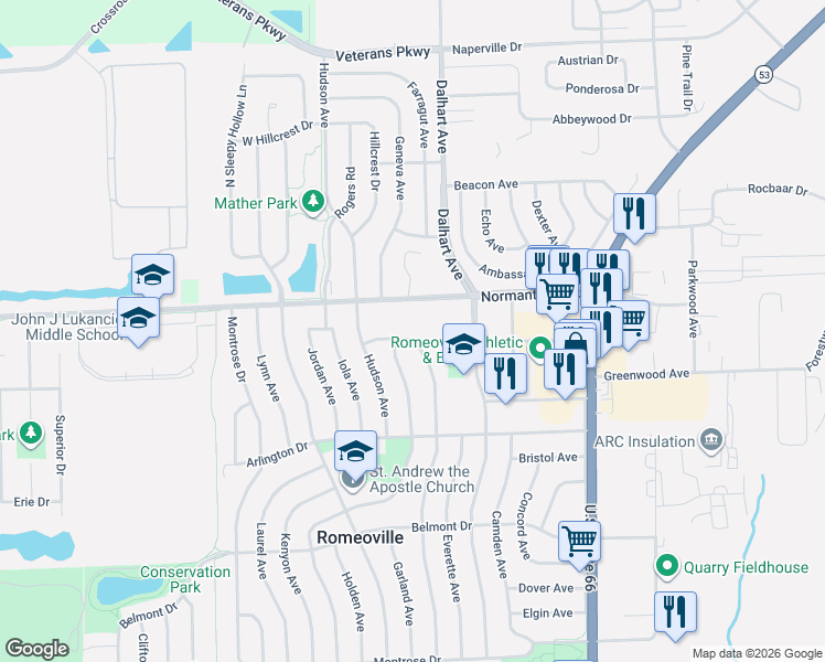 map of restaurants, bars, coffee shops, grocery stores, and more near 637 Fenton Avenue in Romeoville