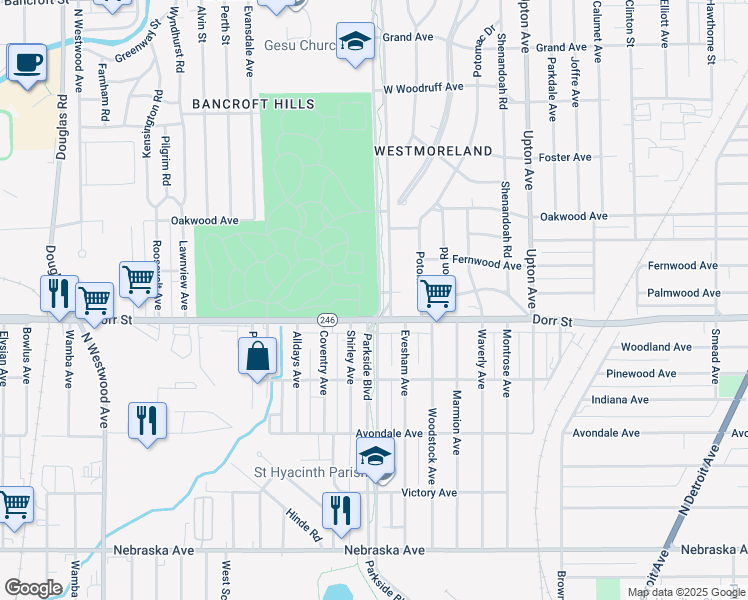 map of restaurants, bars, coffee shops, grocery stores, and more near 1319 Parkside Boulevard in Toledo