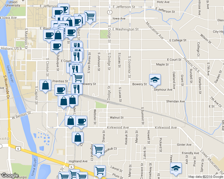 map of restaurants, bars, coffee shops, grocery stores, and more near 626 South Dodge Street in Iowa City