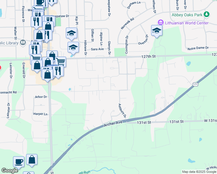 map of restaurants, bars, coffee shops, grocery stores, and more near 1436 Ashbury Drive in Lemont
