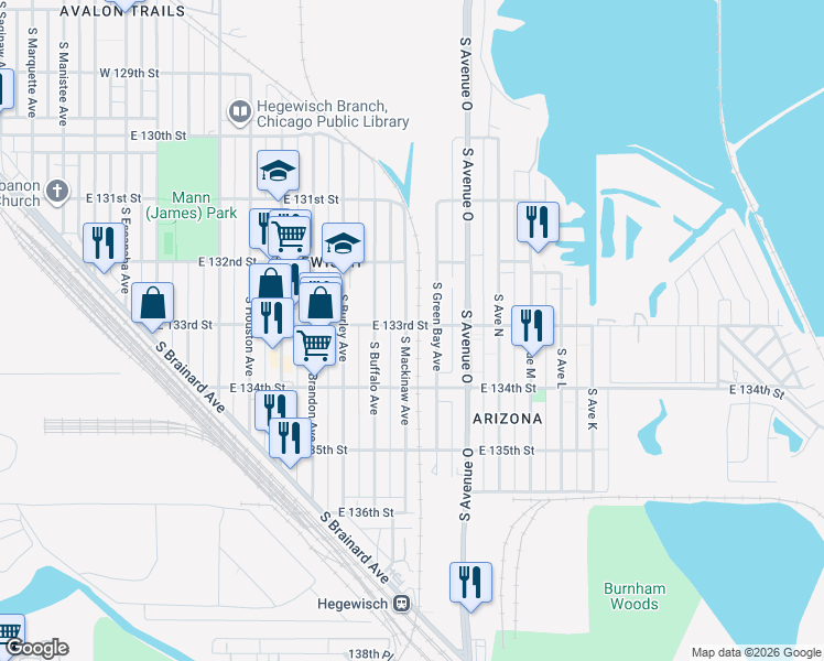 map of restaurants, bars, coffee shops, grocery stores, and more near 13303 South Mackinaw Avenue in Chicago