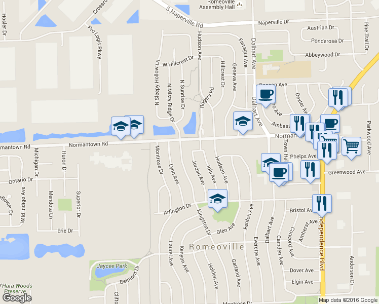 map of restaurants, bars, coffee shops, grocery stores, and more near 636 Jordan Avenue in Romeoville