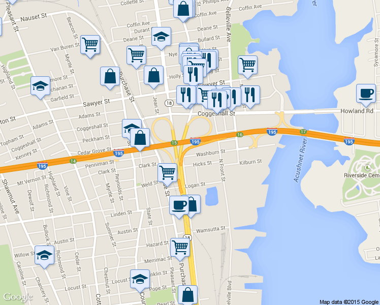 map of restaurants, bars, coffee shops, grocery stores, and more near 65 Washburn Street in New Bedford