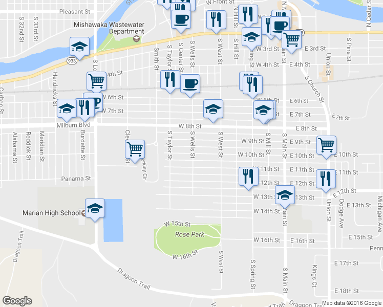 map of restaurants, bars, coffee shops, grocery stores, and more near 609 West 10th Street in Mishawaka