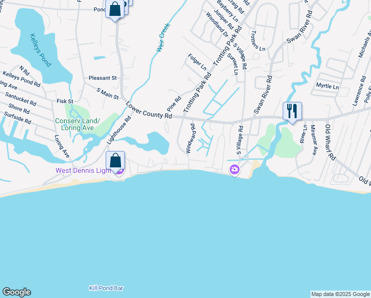 map of restaurants, bars, coffee shops, grocery stores, and more near 13 Trotting Park Road in Dennis