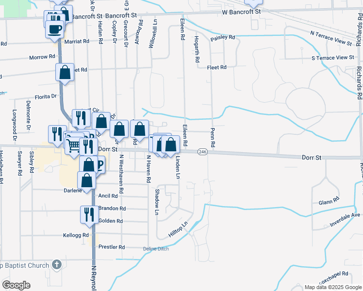 map of restaurants, bars, coffee shops, grocery stores, and more near 4842 Dorr Street in Toledo