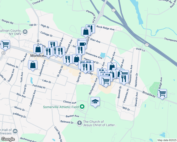 map of restaurants, bars, coffee shops, grocery stores, and more near 366 East Broadway in Monticello
