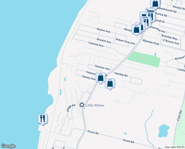 map of restaurants, bars, coffee shops, grocery stores, and more near 37 Hobson Avenue in Tiverton