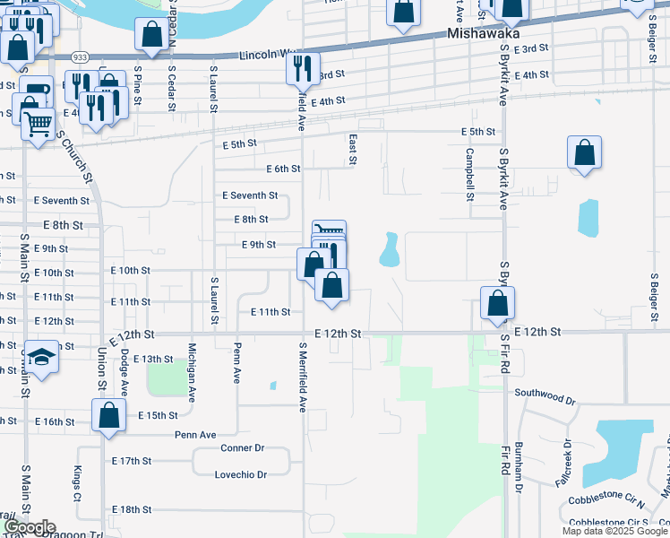 map of restaurants, bars, coffee shops, grocery stores, and more near 906 South Merrifield Avenue in Mishawaka