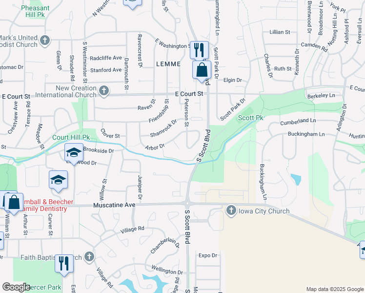 map of restaurants, bars, coffee shops, grocery stores, and more near 6 Arbor Circle in Iowa City